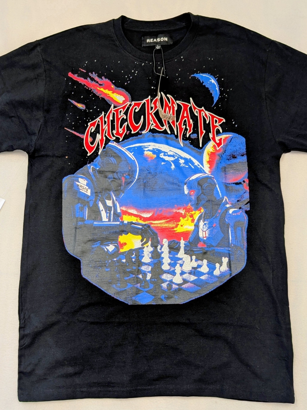 Reason 'Checkmate' Graphic Tee in Black with Blue & Red Artwork